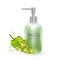 A jar of shampoo or liquid soap with the scent of grapes, realistic shampoo bottle and green grape on white background, cosmetic