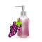 A jar of shampoo or liquid soap with the scent of grapes, realistic shampoo bottle and purple grapes on white background, cosmetic