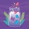 Jar terrarium cute butterflies foliage vegetation cartoon purple background