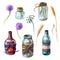 Jars and bottles decorated in rustic style.