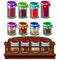 Jars with colored bank with spices on wooden stand