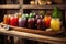 jars of colorful homemade jams on rustic wooden table