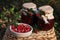 Jars of delicious lingonberry jam and red berries on wicker basket outdoors