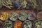 Jars of dry herbs - calendula, melissa, wild marjoram,  lavender, heather, coneflowers, raspberry leaves and bunches of herbs.