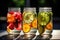 Jars of fruit-infused water. Slices of fresh fruits float elegantly.