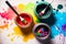 Jars with gouache paints and brushes on colorful paint splashes background AI Generated