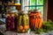 jars of homemade pickles, beets, and carrots