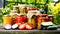 Jars of pickled vegetables in the garden. Marinated food