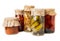 Jars with pickled vegetables. Marinated products.