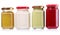 Jars of preserved mustard, ketchup, horseradish