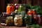 jars of preserved vegetables with rustic background