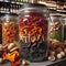 Jars of red and black chanterelles, champignons, and fairy-ring mushrooms on the grocery store counter.