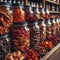 Jars of red and black chanterelles, champignons, and fairy-ring mushrooms on the grocery store counter.