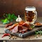 Jars with spices on a wooden board for beer.