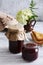 jars of strawberry jam and toasts. Sweet food