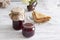 jars of strawberry jam and toasts. Sweet food