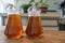 Jars of sweet bael juice herb healthy on wood table