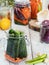 Jars of vegetables for fermentation. Carrots, dill, cabbage, garlic, salt, chard, cucumber, green pepper. Organic vegetarian food