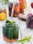 Jars of vegetables for fermentation. Carrots, dill, cabbage, garlic, salt, chard, cucumber, green pepper. Organic vegetarian food