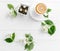 Jasmine green steaming tea, flowers, textspace, topview