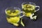Jasmine tea and linden flowers tea.Cups of hot herbal tea with jasmine fresh flowers and linden