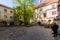 Jaunpils, Latvia - May 15, 2019: The inner courtyard in the medieval 14th Century Jaunpils Castle, now a hotel and museum