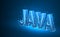 JAVA coding language text. Device, programming, developing concept. Abstract, digital, wireframe, low poly mesh, vector blue neon