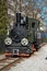 Jaworzyna Slaska, Poland - October 2018: Museum of steam locomotives standing on tracks in a siding. Panoramic photo of the trains