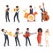 Jazz Band Group, Musicians Singing and Playing Trumpet, Banjo, Saxophone, Trombone, Drums, Guitar, Double Bass, Vector