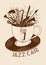 Jazz cafe concept with musical instruments in a cup