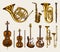 Jazz classical wind instruments set. Musical Trombone Trumpet Flute Bass guitar Semi-acoustic French horn Saxophone