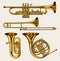 Jazz classical wind instruments set. Musical Trombone Trumpet Flute French horn Saxophone. Hand drawn monochrome