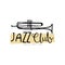 Jazz club logo design, vintage music label with trumpet, element for flyer, card, leaflet or banner, hand drawn vector