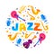 Jazz Live Music Round Composition Design with Bright Musical Instrument Vector Template