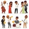 Jazz music band flat group cartoon musician people playing on instruments blues vector illustration.