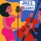 Jazz music festival colorful poster with violoncello player and woman singer. Female singer with violoncellist flat vector illustr