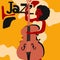 Jazz music festival colorful poster with woman musician playing violoncello. Violoncello player flat vector illustration. Jazz con