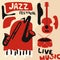 Jazz music festival poster with music instruments. Saxophone, trumpet, guitar, piano and drum flat vector illustration. Jazz conce