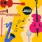 Jazz music festival poster with music instruments. Saxophone, trumpet, guitar, violoncello, microphone and clarinet flat vector il