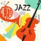 Jazz music festival poster with trumpet, french horn and violoncello flat vector illustration. Colorful music background with musi