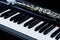 Jazz music instrument flute and piano keyboard close up with flower
