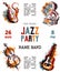 Jazz music party poster with musical instruments. Saxophone, guitar, cello, gramophone with grunge watercolor splashes.