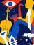 Jazz music poster for band performance. Colorful musical instruments background. Live concert events, music festivals and shows in