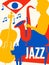 Jazz music poster for band performance. Colorful musical instruments background. Live concert events, music festivals and shows in