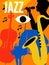 Jazz music poster for band performance. Colorful musical instruments background. Live concert events, music festivals and shows i