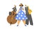 Jazz music trio. Contrabassist, saxophonist and singer. Abstract Vector illustration.