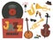 Jazz musical instruments tools icons jazzband piano saxophone music sound vector illustration rock concert note.