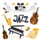 Jazz musical instruments. Vector music instrument objects collection isolated, drums and tuba, vintage brass, acoustic