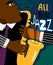 Jazz poster. Clubbing sax music placard contemporary style, saxophonist african jazz man club modern flyer for blues