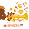 Jazz poster. Set of musical instruments: keyboard, bongos, maracas, guitar, trumpet, saxophone